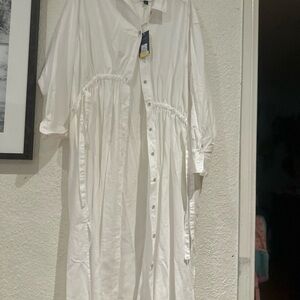 White Button-Up Dress/long sleeve maxi cinch waist (M) wrinkly